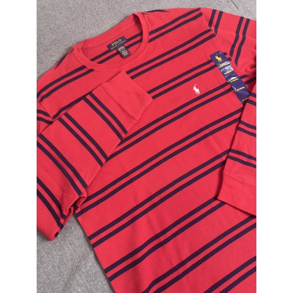 NWT Polo Ralph Lauren Men's Waffle Thermal Knit Sleep Shirt Red/Navy Stripe XL